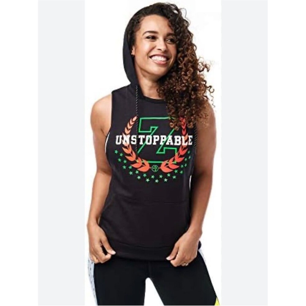 Zumba Fitness Black Sleeveless Hoodie Tank with Neon Graphic